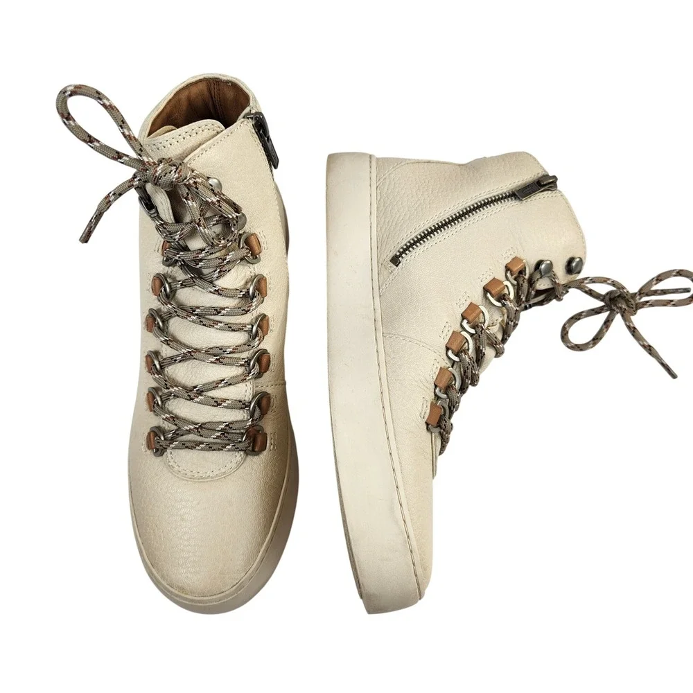 Frye Lena‎ Hiker High Top Boots Women's 8M Beige Leather Lace Up Zip Sneakers